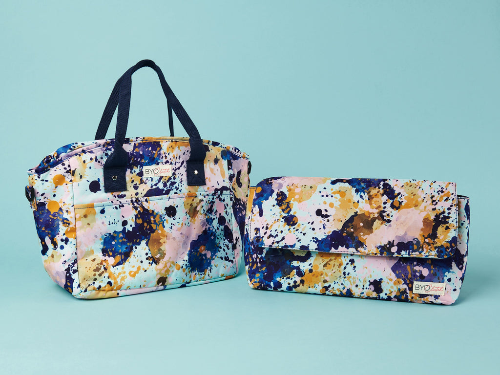 BYO Clutch insulated bags in paint print. Casual catch up and long lunch