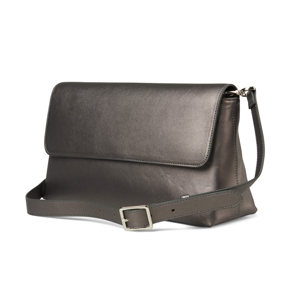 BYO Clutch Dinner Date clutch with insulated wine bag and shoulder strap in vegan leather pewter side view