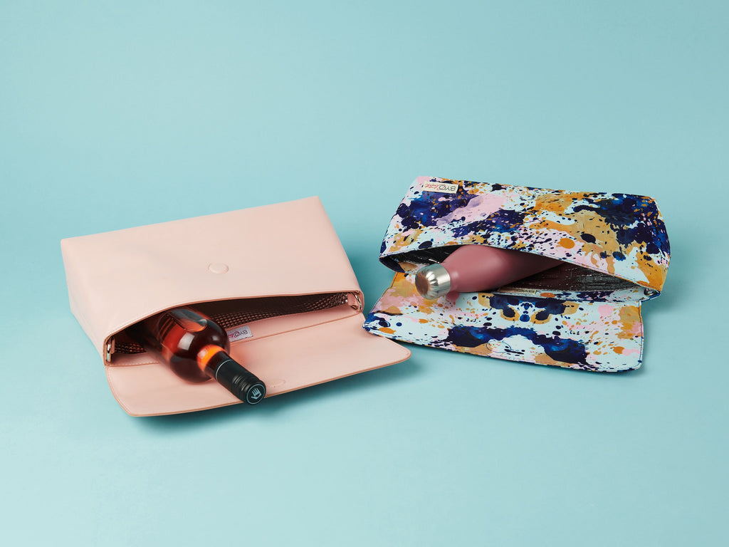 BYO Clutch combined handbags and insulated cooler bags. Pink dinner date with wine bottle. Casual Catch-up in paint with eater bottle