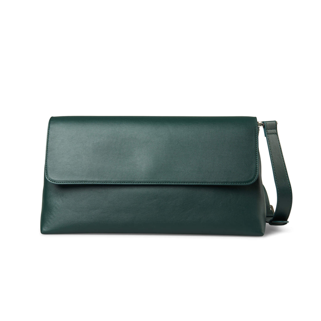BYO Clutch Dinner Date clutch with insulated wine bag and shoulder strap in green vegan leather front view