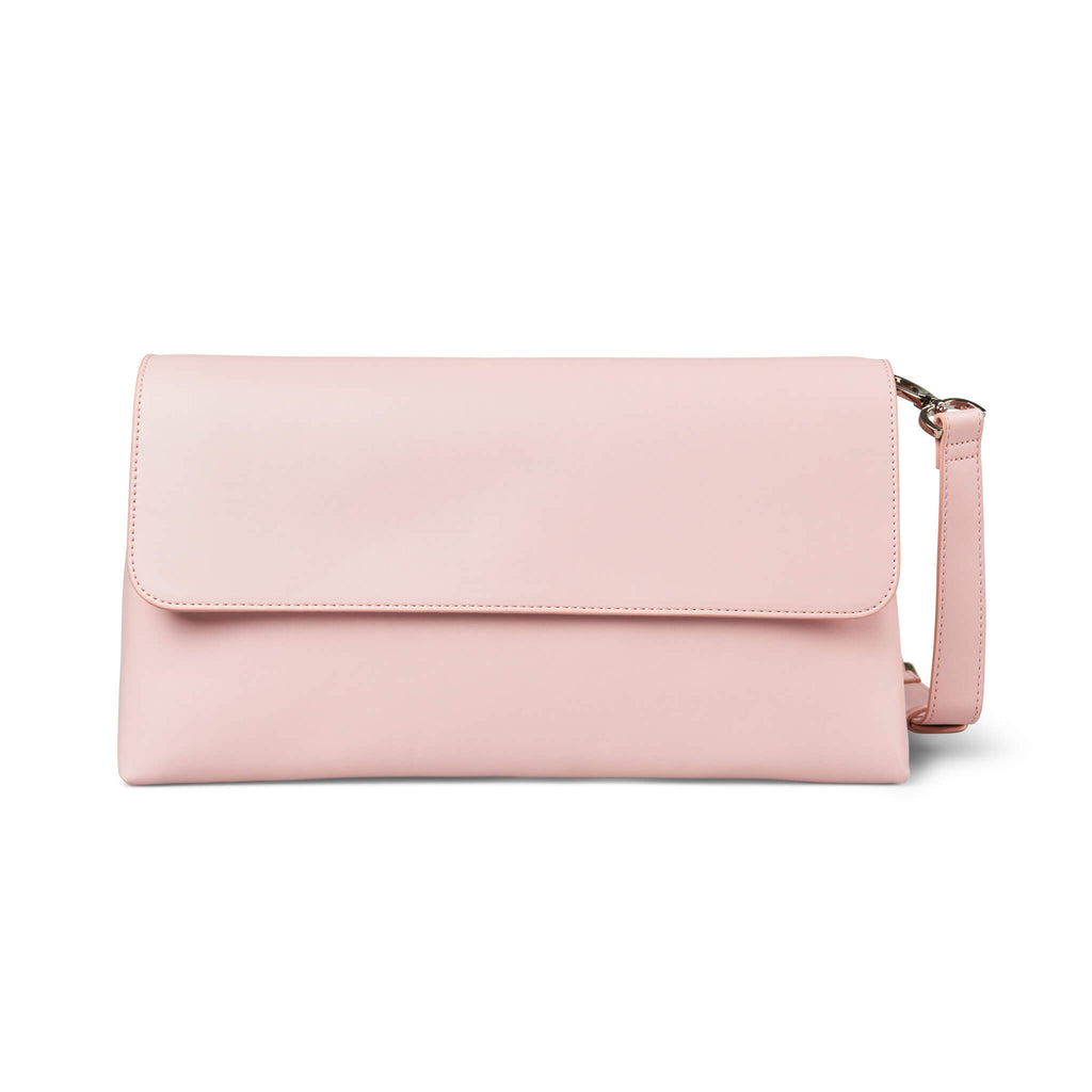 BYO Clutch Dinner Date clutch with insulated wine bag and shoulder strap in pale pink vegan leather front view