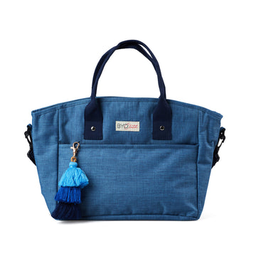 BYO Clutch Long lunch cooler bag in blue with shoulder strap and  tassle keyring