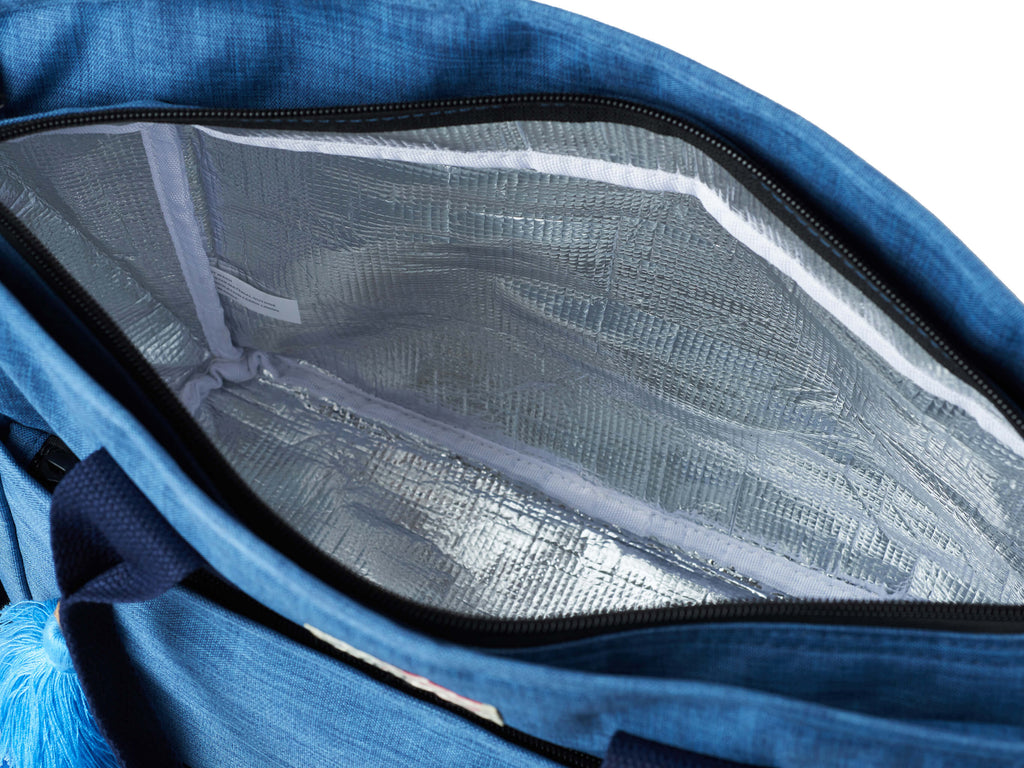 BYO Clutch Long lunch cooler bag in blue with shoulder strap inside